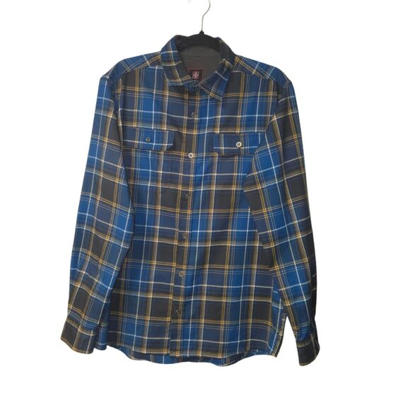 Swiss Tech Mens Medium 38-40 Button Down Shirt Flannel Blue Brown Plaid - Picture 1 of 11